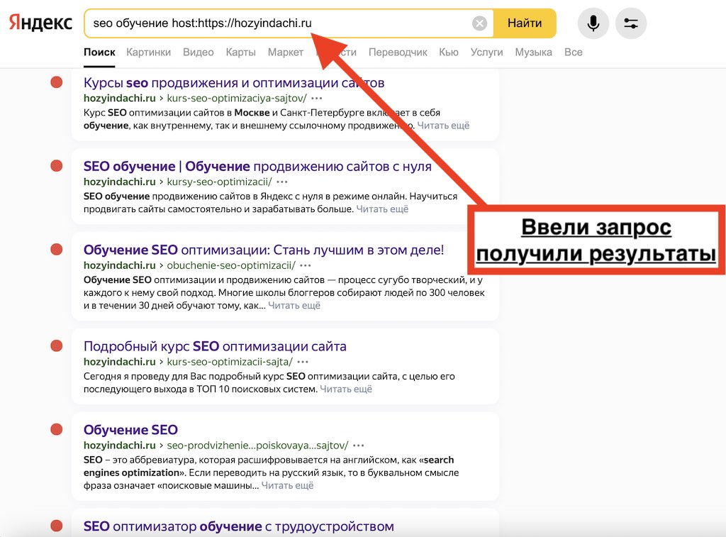 Ищем релевантные страницы по фразе SEO обучение в Яндекс