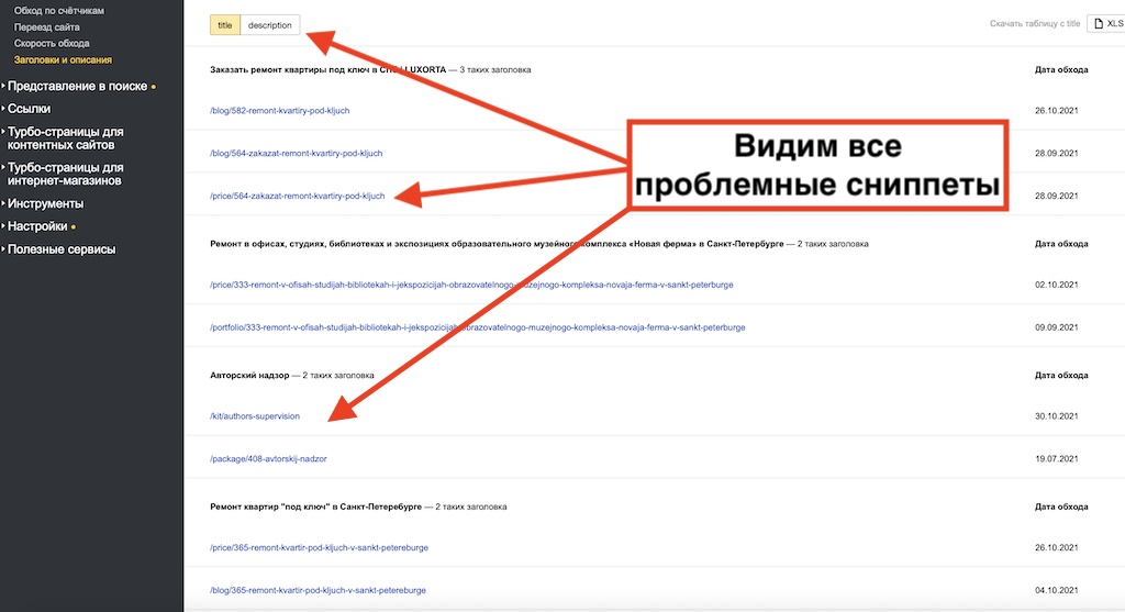 Одинаковые заголовки в Яндекс Вебмастер
