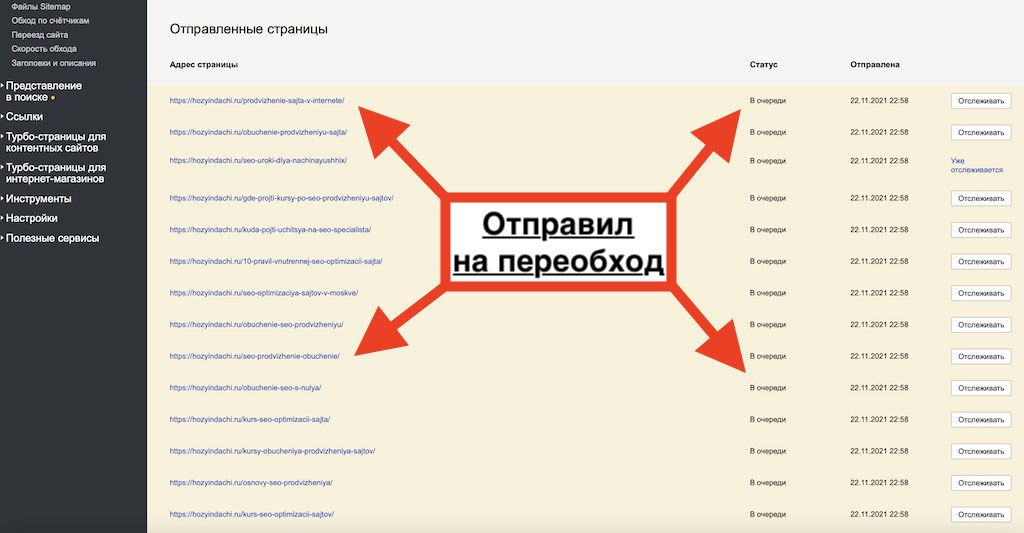 отправляем все 20 страниц с редиректом на переобход в Яндекс Вебмастер