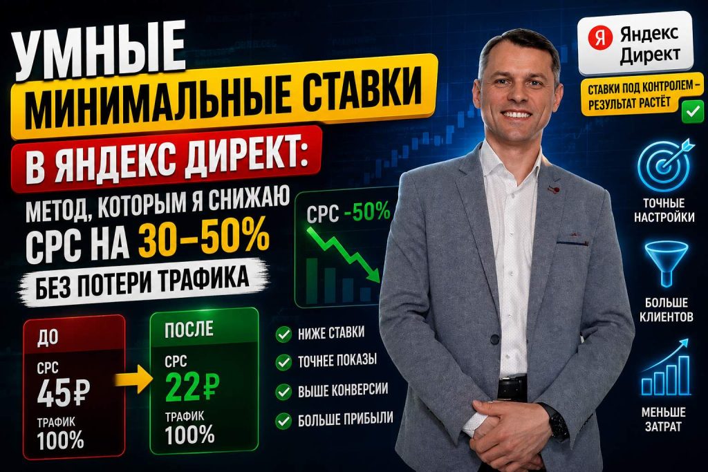 Умные минимальные ставки в Яндекс Директ: метод, которым я снижаю CPC на 30–50 % без потери трафика