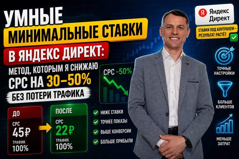 Умные минимальные ставки в Яндекс Директ: метод, которым я снижаю CPC на 30–50 % без потери трафика